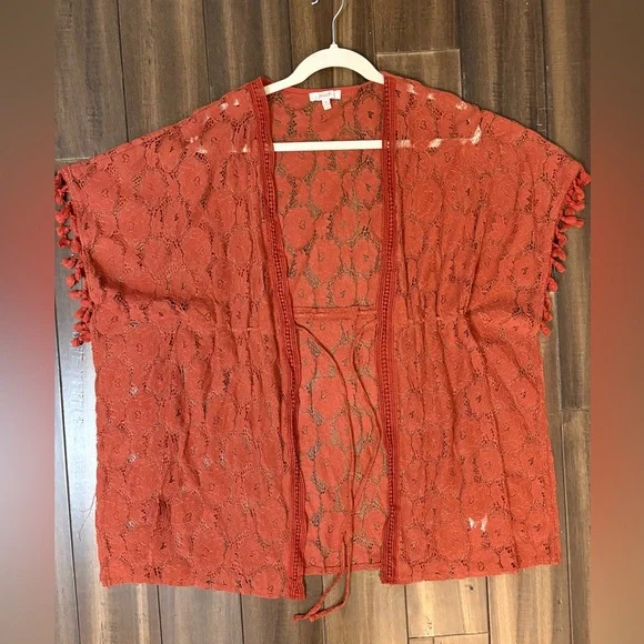 Sz M Rust Orange Lace Kimono Shawl Cardigan Poncho Tassels Poms Front Tie - Picture 1 of 9
